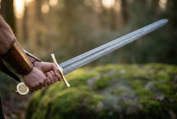 Damascus steel sword with Vegvisir pommel held level in a hand wearing a leather bracer against a soft green forest