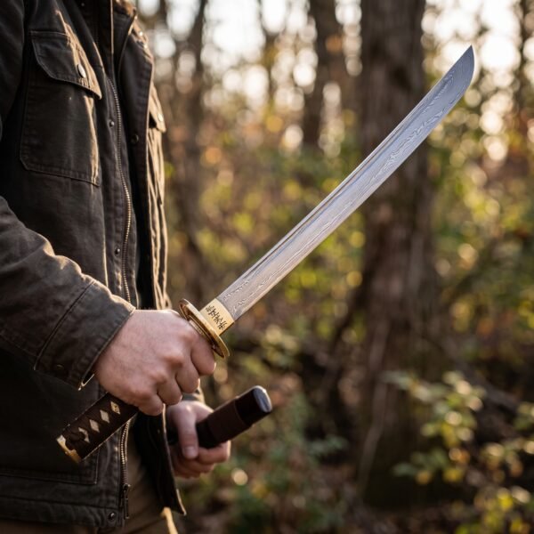 Damascus steel tanto with a brown cord wrapped grip and brass guard, held in two hands with its leather wrapped saya in a wood
