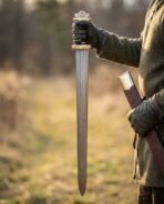 Damascus steel Viking sword hanging point down from a gloved hand in a meadow, brown scabbard held at the side