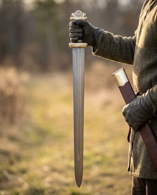 Damascus steel Viking sword hanging point down from a gloved hand in a meadow, brown scabbard held at the side