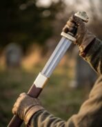 Damascus steel Viking sword with brass hilt held upright in gloved hands, scabbard throat in view, in a misty field