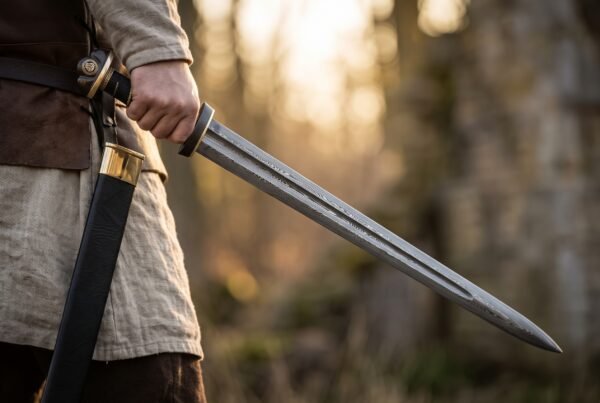 Damascus steel Viking sword with fullered blade and round brass pommel held drawn beside a black leather scabbard in a sunlit wood