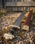 Damascus steel Viking sword with lobed brass pommel and rune cut guard lying on gravel beside its brown leather scabbard