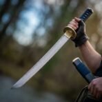 Damascus steel wakizashi with brass tsuba and navy cord wrapped handle held up in a gloved hand outdoors