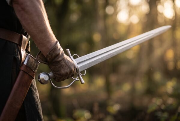 Damascus side sword with ring guards held in a gloved hand, the patterned blade pointing out, brown leather scabbard hanging from the belt
