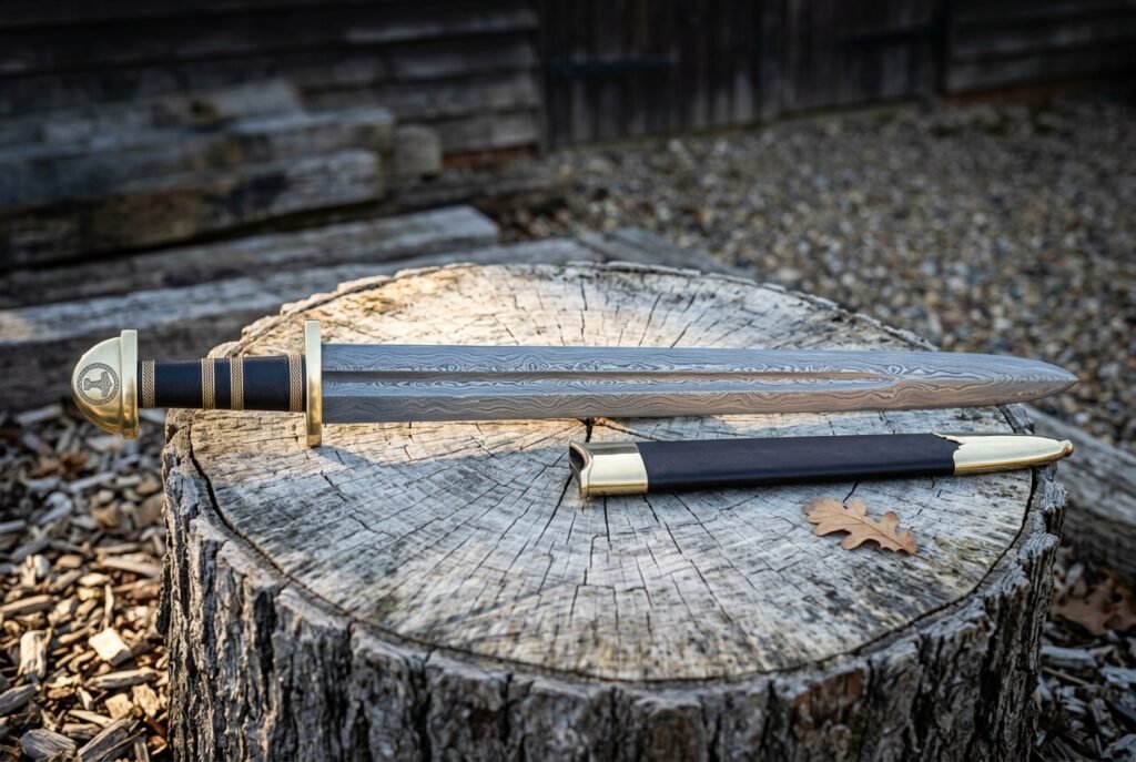 Damascus Viking sword with dark etched layered steel blade and black leather scabbard resting on a weathered tree stump in a wooded clearing