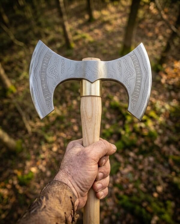 Double headed axe with etched knotwork and rune panels, brass collar and light wood haft held up in a forest