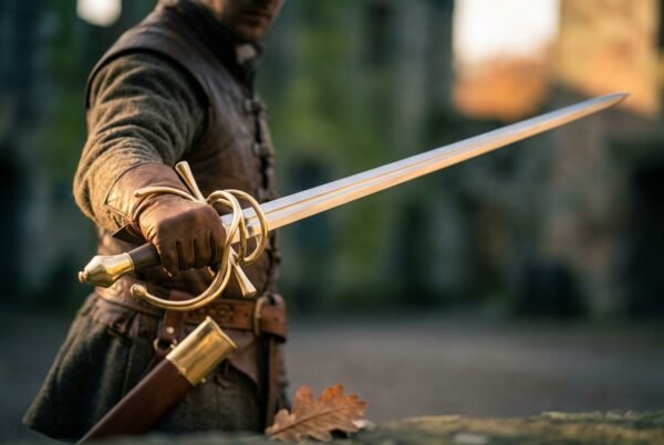 Dueling sword with brass swept hilt held at arm's length by a man in a leather doublet with scabbard at his hip