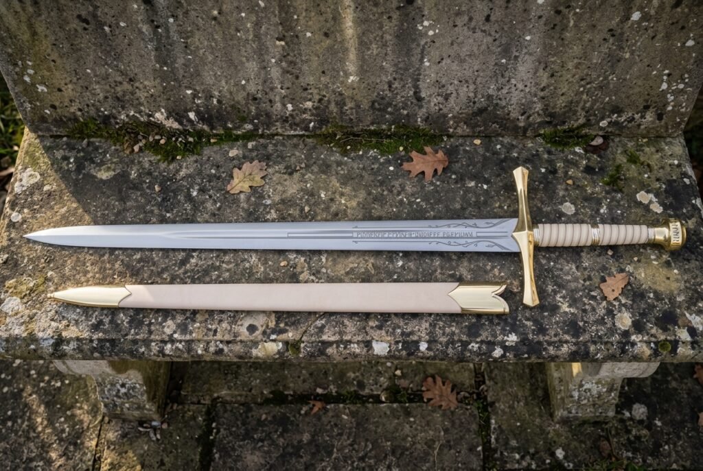 Elven longsword and its pale cream scabbard resting on a worn stone step, showing the polished fuller inscription and ribbed leather wrapped grip