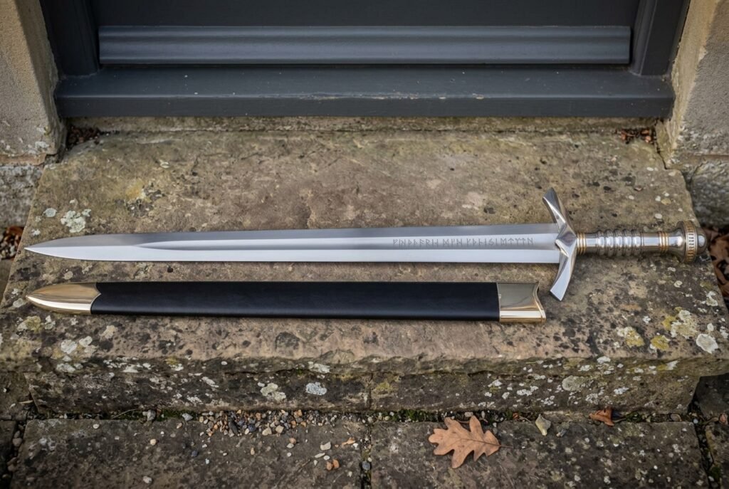 Elven sword replica with an engraved double edged blade and black leather scabbard resting on a weathered stone doorstep outside a stone cottage