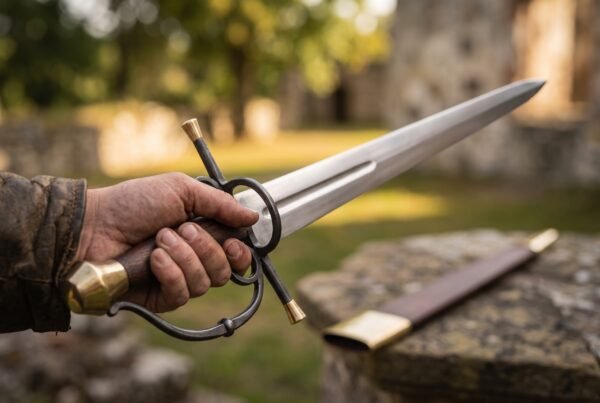 Espada ropera held in hand outdoors with the blackened ring guard and brass pommel in focus, scabbard on a stone wall behind