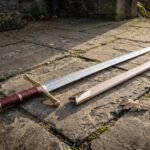 Excalibur sword replica with an ornate gilt brass hilt, deep red leather grip and tan leather scabbard laid across weathered flagstone paving