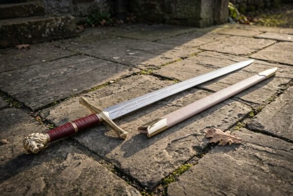 Excalibur sword replica with an ornate gilt brass hilt, deep red leather grip and tan leather scabbard laid across weathered flagstone paving