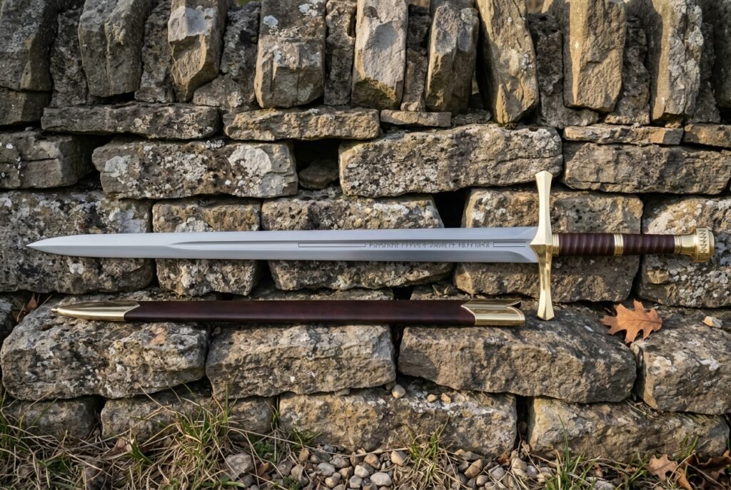 Fantasy longsword and dark brown scabbard resting on a low drystone wall, showing the etched fuller inscription and ribbed leather wrapped grip