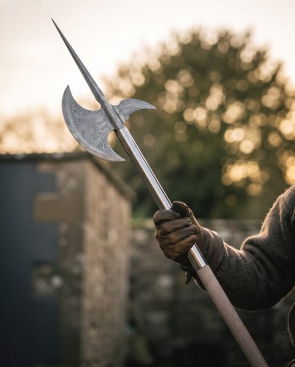 Gloved hand gripping the ash pole of a Damascus halberd with spike and crescent blade against a soft evening sky