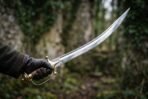 Gloved hand holding a curved talwar out to the side, showing the long fullered blade and brass knuckle bow in woodland