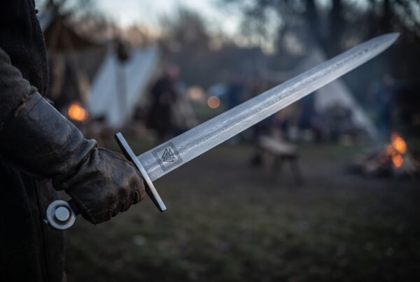 Gloved hand holding a Damascus bastard sword with straight cross and wheel pommel near a campfire at dusk