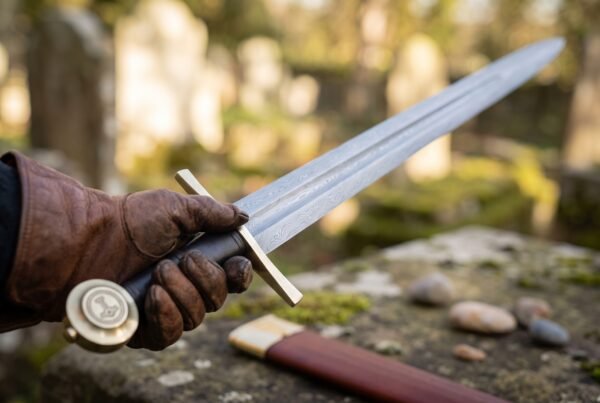 Gloved hand holding a Damascus steel arming sword by its dark leather grip, brass disc pommel and straight brass cross
