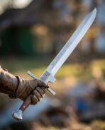 Gloved hand holding a single edged steel sword with knotwork panel and rune line engraving against a sunlit blur