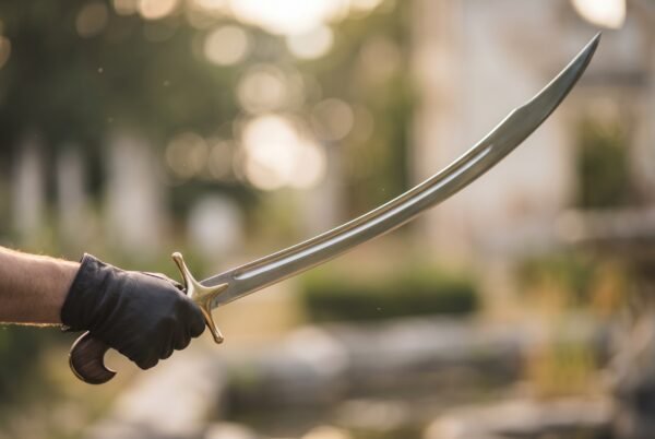 Gloved hand holding a steel shamshir sword with deep curve, brass cross guard and hooked wooden pommel outdoors