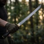 Gloved hand holding a straight Damascus ninjato with black cord wrapped handle up against a dark forest backdrop
