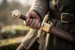 Close up of a hand gripping a Damascus arming sword by its brown leather grip, brass disc pommel and guard above the rune stamped scabbard