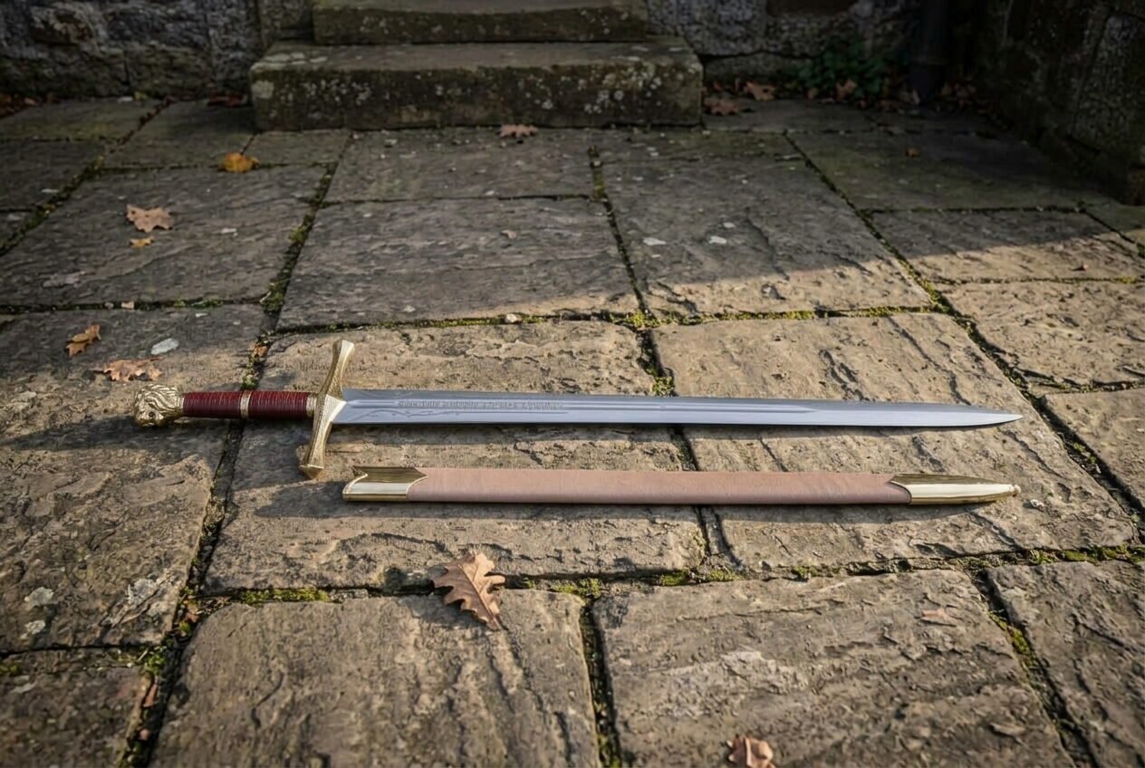 Hand forged 1095 high carbon steel Excalibur sword replica with gold tone guard, full length beside its tan scabbard on stone paving Hand forged 1095 high carbon steel Excalibur sword replica with gold tone guard, full length beside its tan scabbard on stone paving