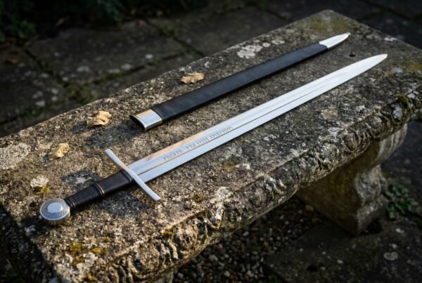 Hand forged arming sword in polished high carbon steel with an etched Elder Futhark rune line, resting with its black scabbard on a lichened stone garden bench.
