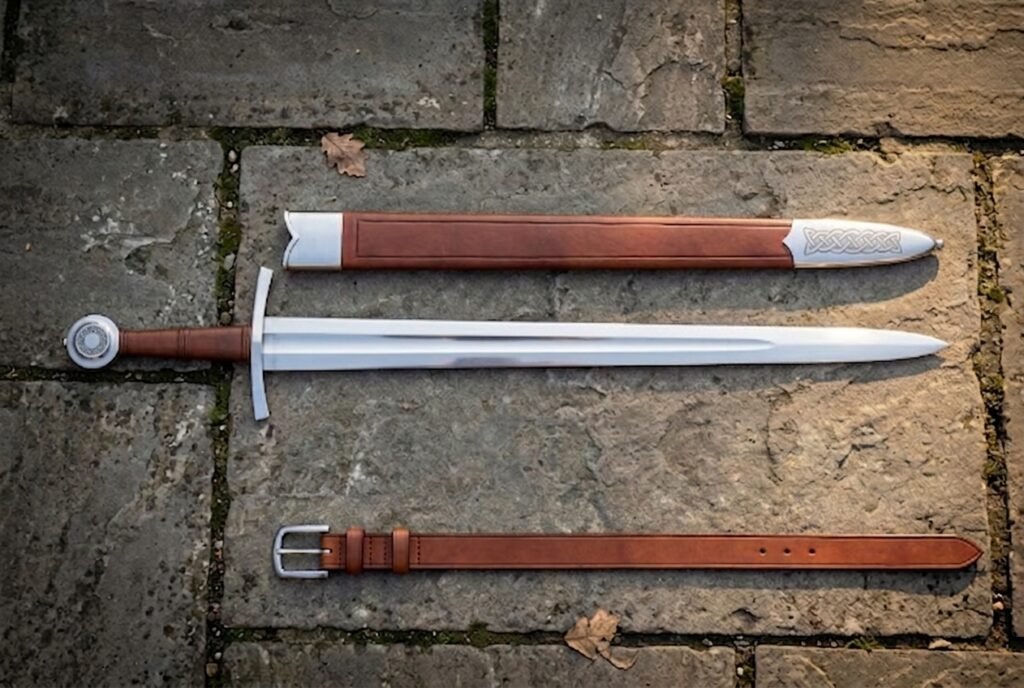 Hand forged arming sword with scabbard and belt, polished fullered type XII blade and steel disc pommel, laid out on mossy grey flagstone paving.