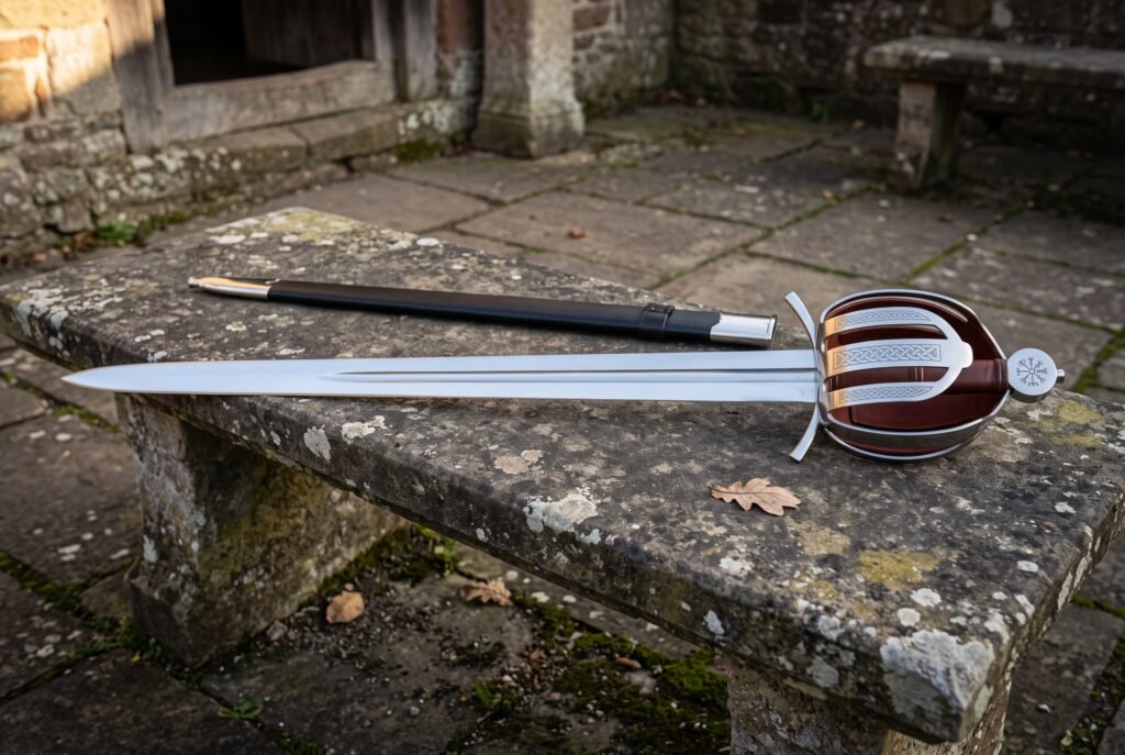 Hand forged basket hilt sword with a knotwork engraved steel shell guard and oxblood leather grip lying on a weathered stone garden bench beside its dark scabbard