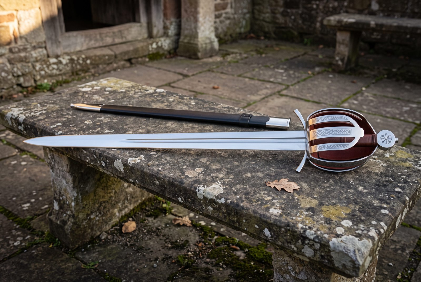 Hand forged basket hilt sword with a knotwork engraved steel shell guard and oxblood leather grip lying on a weathered s Hand forged basket hilt sword with a knotwork engraved steel shell guard and oxblood leather grip lying on a weathered stone garden bench beside its dark scabbard