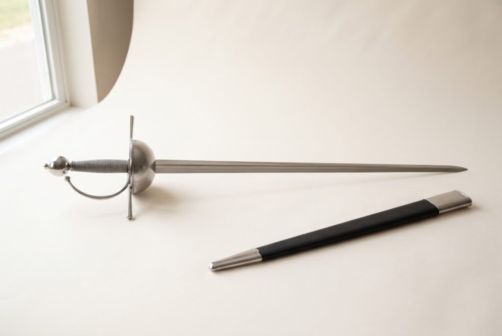 Hand forged cup hilt rapier with a slender polished blade and deep raised steel cup on a pale studio backdrop beside its black leather scabbard