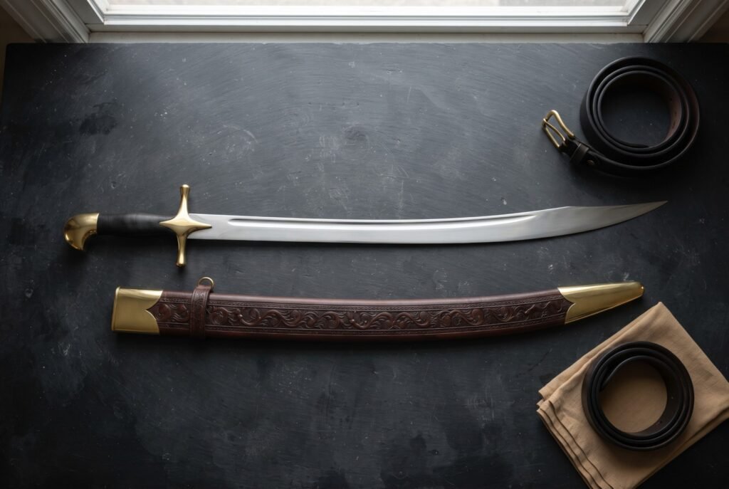 Hand forged curved sword with a broad polished scimitar blade, brass cross guard and leather grip, laid on dark slate beside its tooled leather scabbard and belts