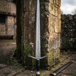 Runegrain Hand Forged Damascus Arming Sword | 37 Inch Overall with 30.5 Inch Blade | Dark Leather Scabbard and Brass Throat | Collector and Display Gift | RK-1408