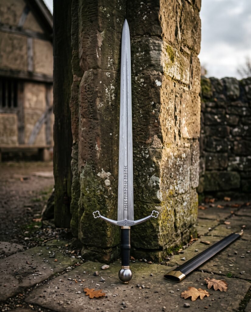 Hand forged damascus arming sword with an etched rune inscription and quatrefoil cross guard standing upright against a weathered sandstone wall beside its leather scabbard