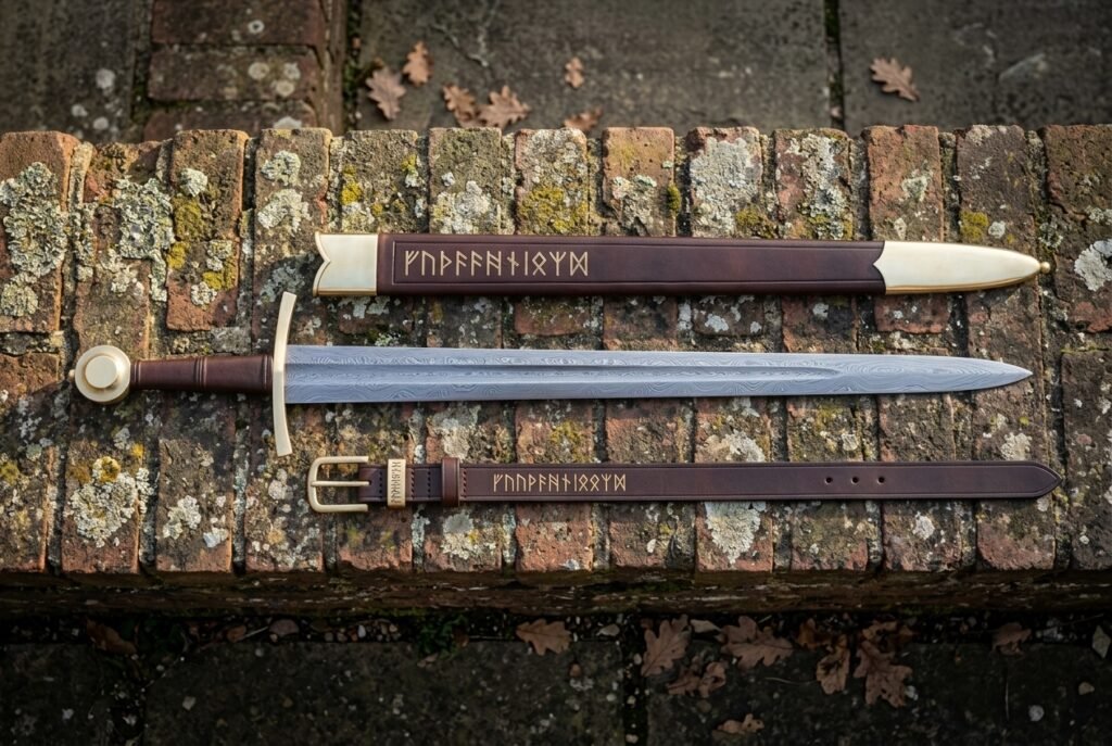 Hand forged Damascus arming sword with bone disc pommel beside a rune tooled leather scabbard and matching belt, laid out on a lichen covered brick ledge.