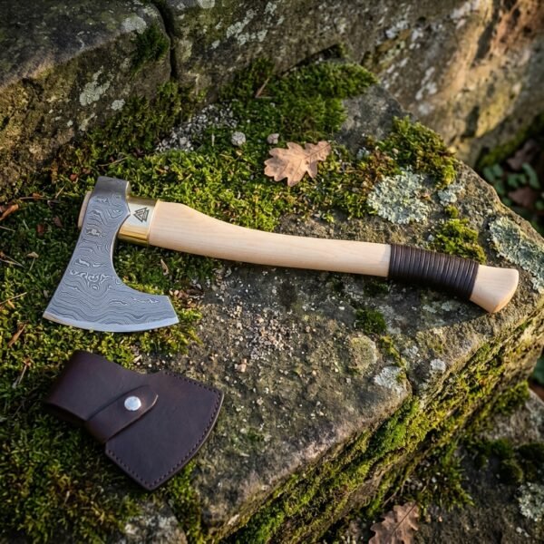 Hand forged damascus bearded axe with a layered etched steel head and pale birch haft, laid on a mossy stone step next to its stitched leather head sheath