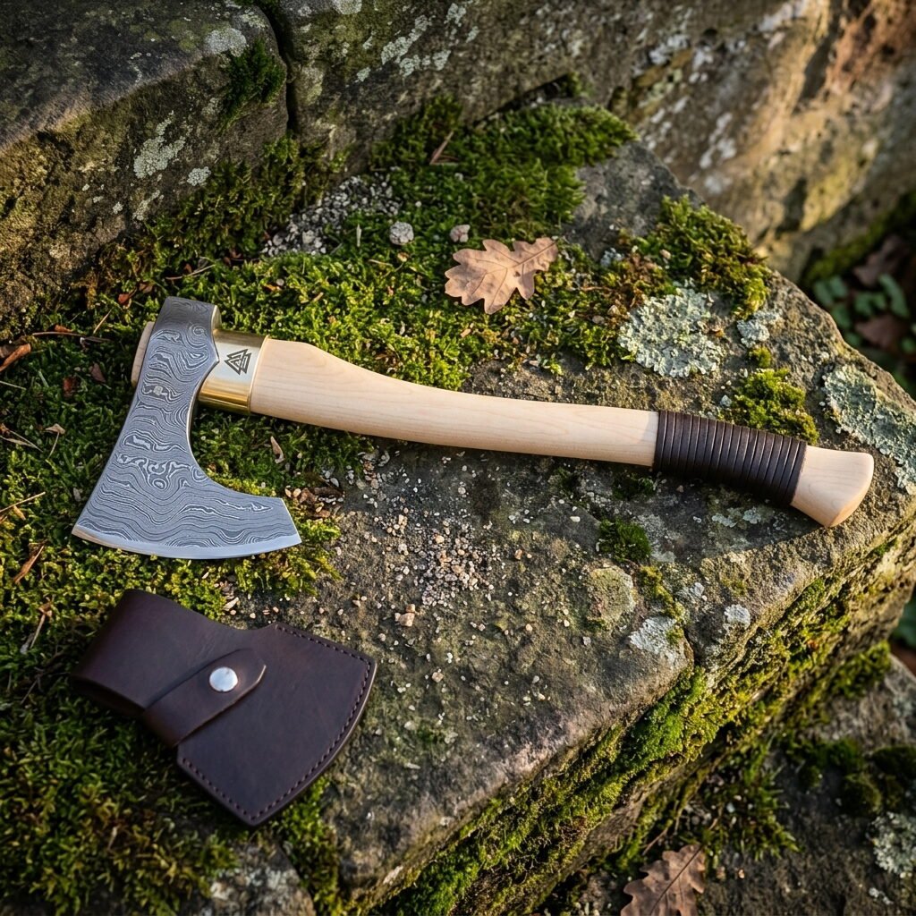 Hand forged damascus bearded axe with a layered etched steel head and pale birch haft, laid on a mossy stone step next to its stitched leather head sheath