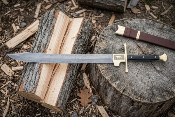 Hand forged Damascus falchion with a layered patterned blade and gilt brass ring guard resting on a split log and tree stump beside a brown leather scabbard