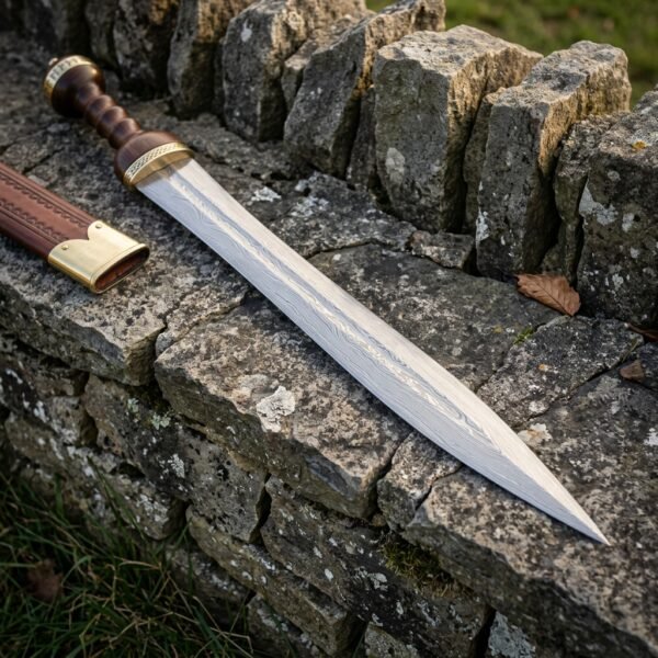 Hand forged Damascus Mainz gladius with a waisted forge welded leaf blade and ribbed walnut grip, lying on a lichen covered drystone wall beside its tooled leather scabbard.
