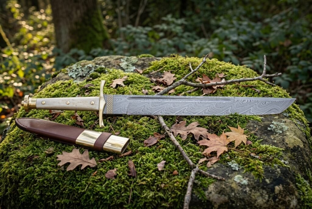 Hand forged Damascus seax with a layered single edged blade and pale polished bone handle lying on a moss covered boulder beside its brown leather sheath