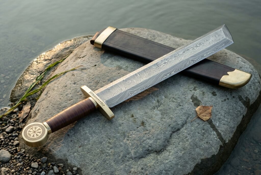 Hand forged Damascus short sword with a broad forge welded blade, rune engraved brass guard and Vegvisir pommel, lying on a river smoothed boulder beside its leather scabbard.