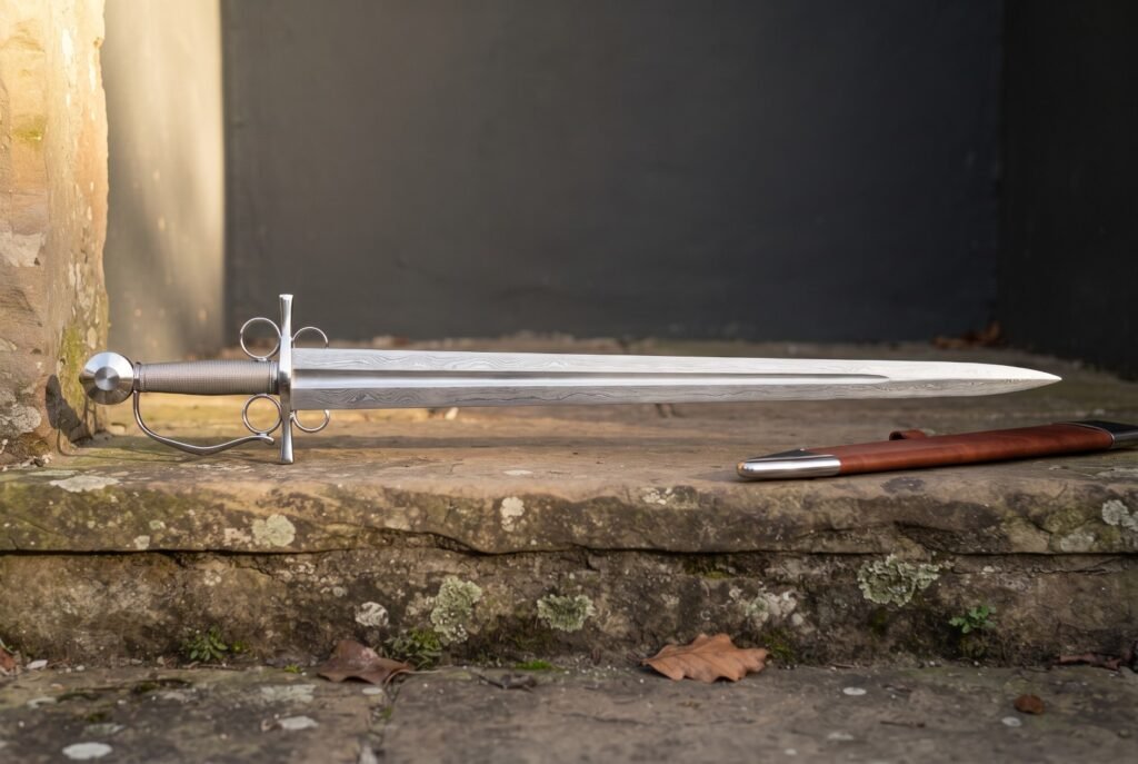 Hand forged damascus side sword with a broad layered leaf shaped blade and polished four ring hilt on a sandstone step beside its russet leather scabbard