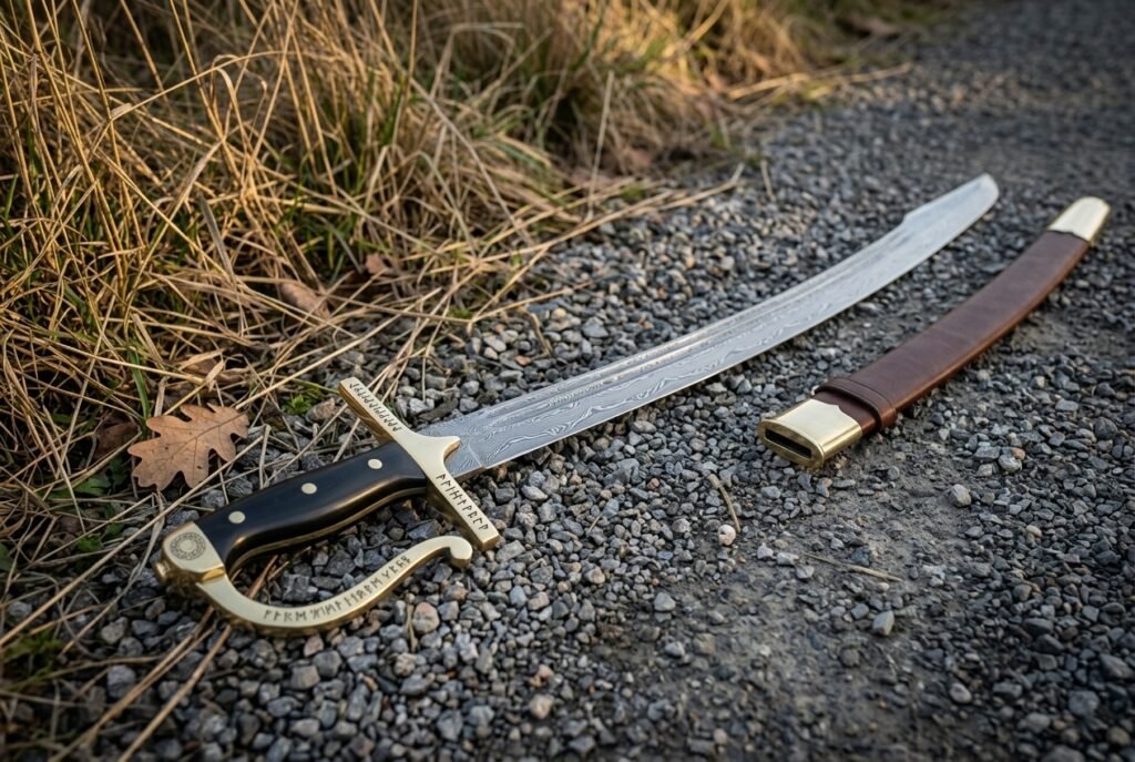 Hand forged Damascus szabla with a layered curved blade, rune cut brass knuckle bow and black horn grip lying on a gravel path beside dry grass and its brown leather scabbard