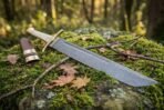 Hand forged Damascus Viking seax with long patterned blade angled across a mossy stone in woodland, scabbard resting at the back