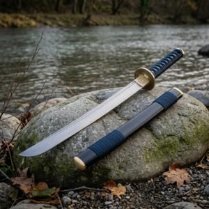 Hand forged Damascus wakizashi with a flowing layered blade, round brass tsuba and navy cord grip resting on a river boulder, grey saya lying beside it