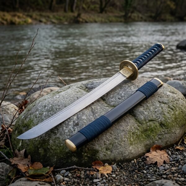Hand forged Damascus wakizashi with a flowing layered blade, round brass tsuba and navy cord grip resting on a river boulder, grey saya lying beside it