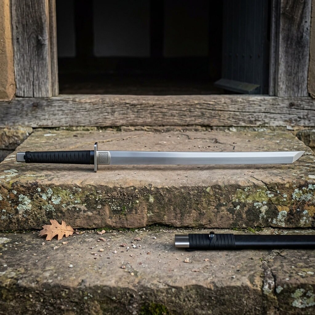 Hand forged dao sword with a straight backed polished single edged blade and black cord wrapped grip lying on a stone doorstep beside its black scabbard