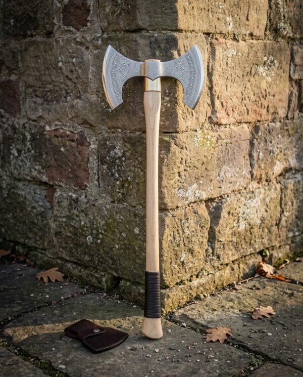 Hand forged double headed axe with two symmetric etched steel cutting edges and a light wood haft wrapped in dark leather, standing against a red brick wall
