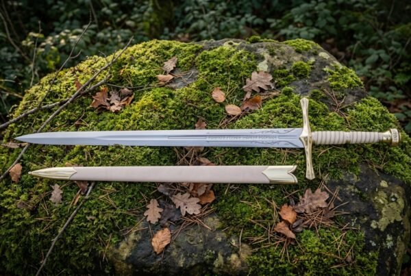 Hand forged elven longsword with an engraved double edged blade and cream leather scabbard lying across a moss covered granite boulder in daylight